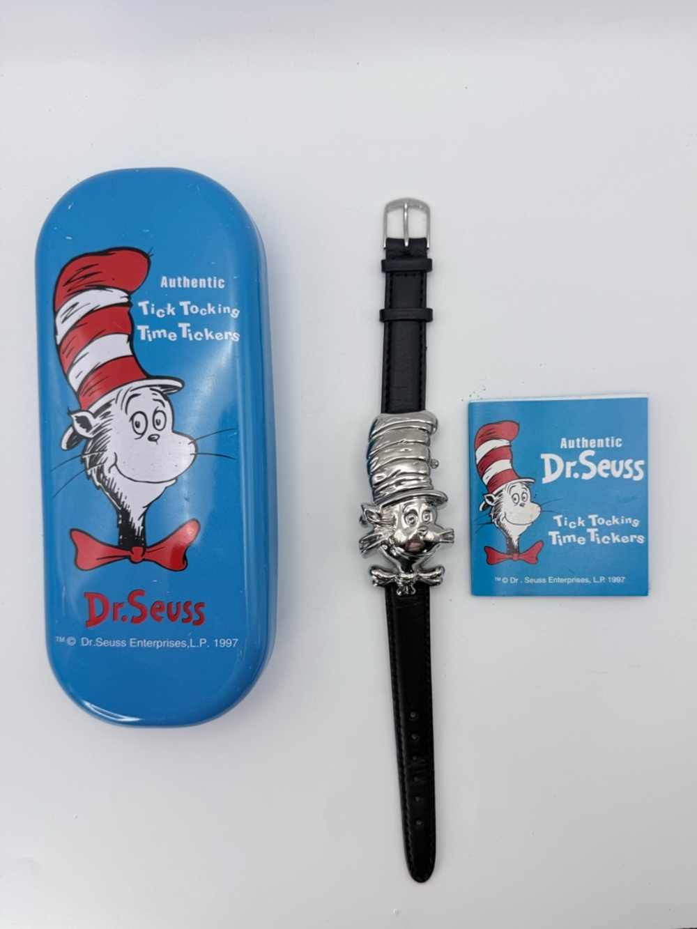 Vintage 1997 Dr Seuss Cat in the Hat Flip Top Watch Collectible with Novelty Tin